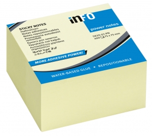 Power Notes 75x75, sa posebno jakim lepkom, KOCKA 400 listova  Info Notes žuta